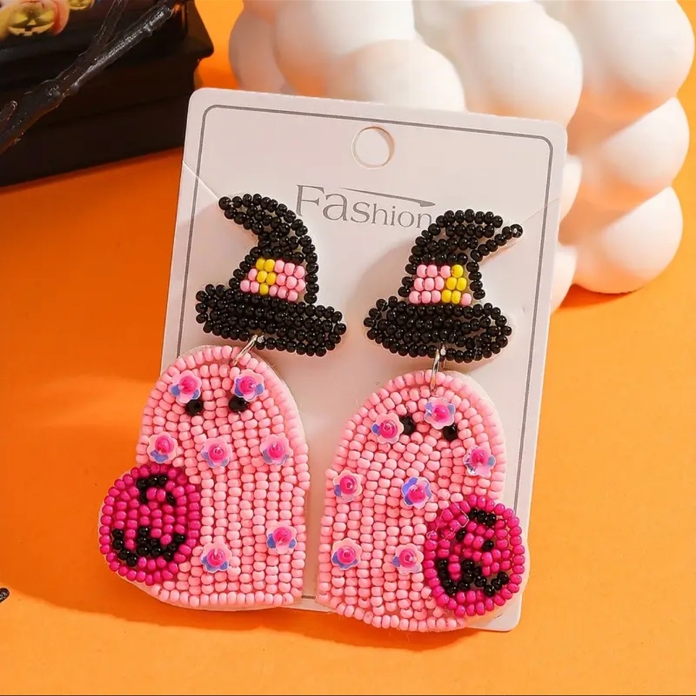 NWT Pink Beaded Ghost Earrings